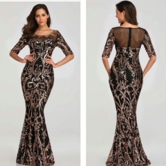Black Gold Sequin Embelish Mermaid Gown - Picture 1 of 6